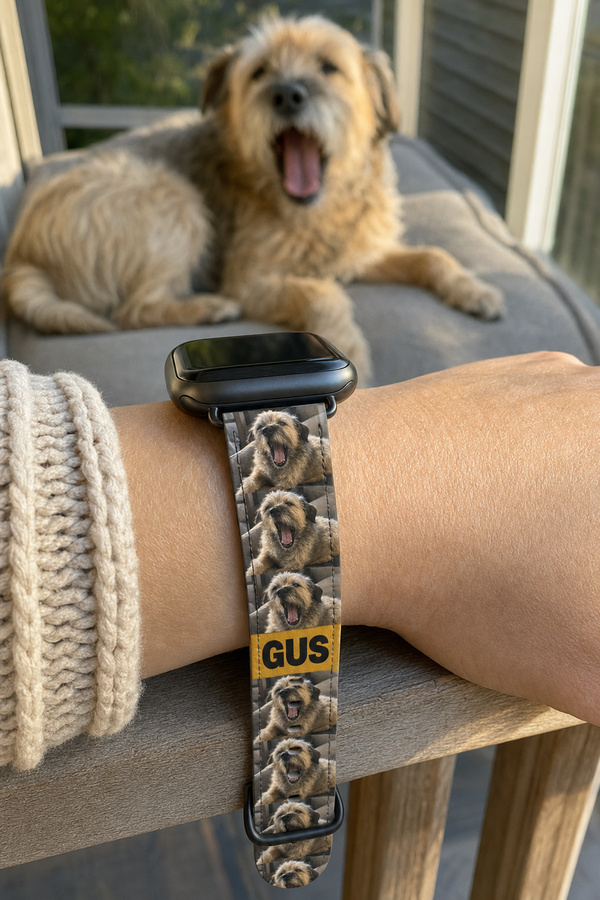 Custom Apple Watch band printed with a repeating terrier photo and the name Gus, worn on a wrist