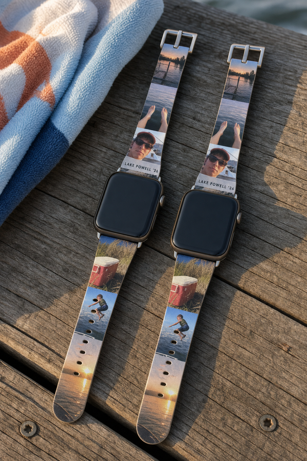 Two custom Apple Watch bands printed with vacation photo filmstrips on a wooden dock