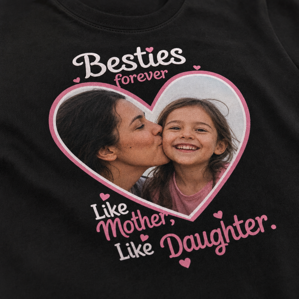 Close-up of a heart-framed mother-and-daughter photo printed into the jersey knit of a custom youth t-shirt