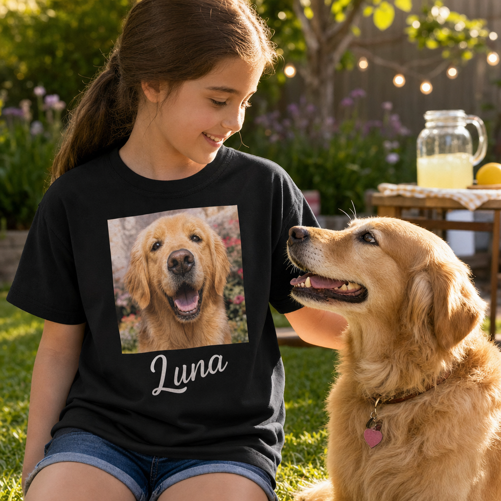 Black custom youth t-shirt printed with a golden retriever photo and the name Luna, worn by a girl standing next to the same dog