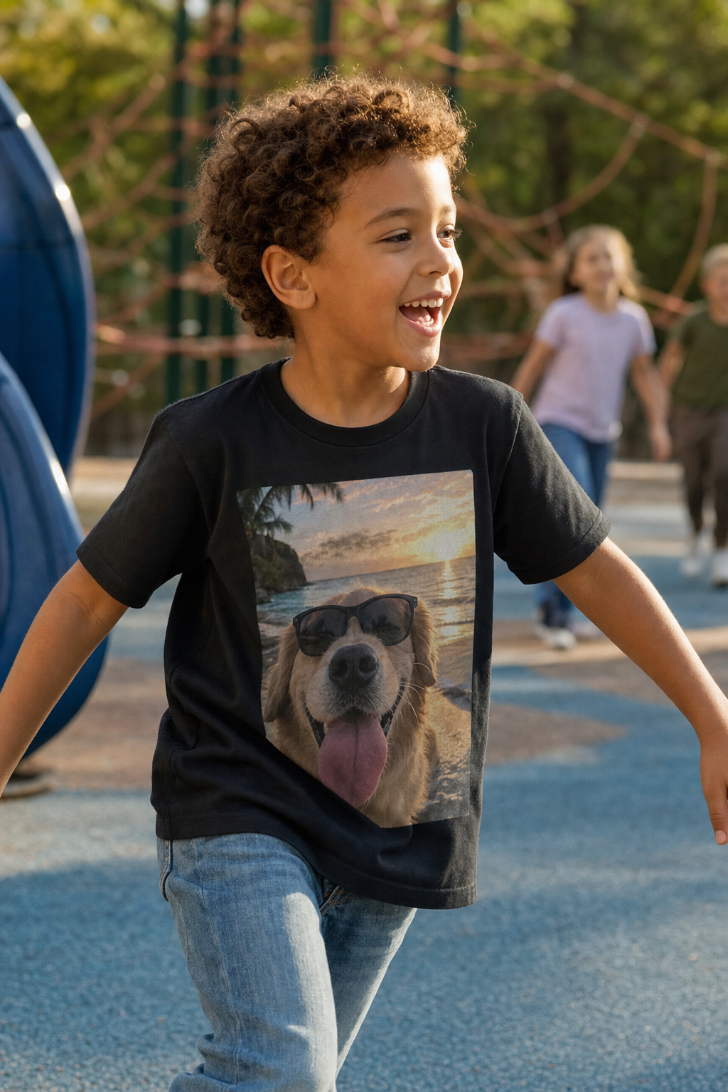 Boy running on a playground in a black youth tee printed with a photo of a dog wearing sunglasses at the beach