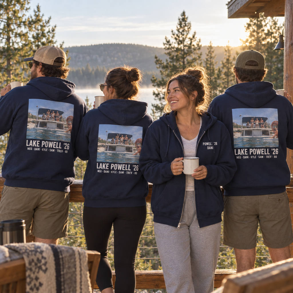Four adults on a cabin porch in matching navy custom zip-up hoodies, the same lake trip photo and names printed on every back