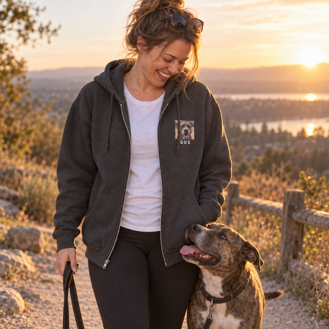 Custom zip-up hoodie printed with a personal photo, worn open over a tee