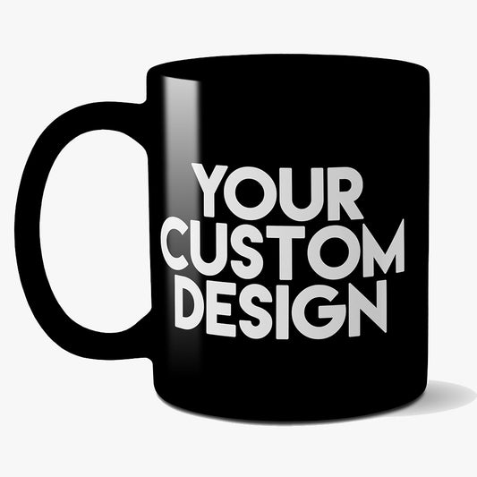 Custom black ceramic coffee mug with personalized photo wrap-around design