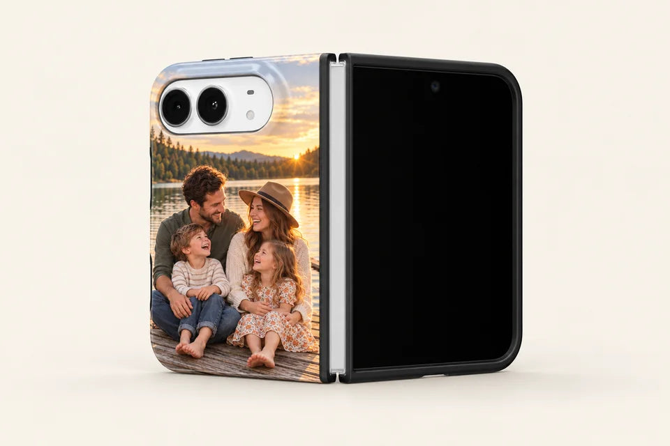 iPhone 18 Duo case on an opened phone seen from outside: a printed shell on the back half and a black bumper frame around the outer screen