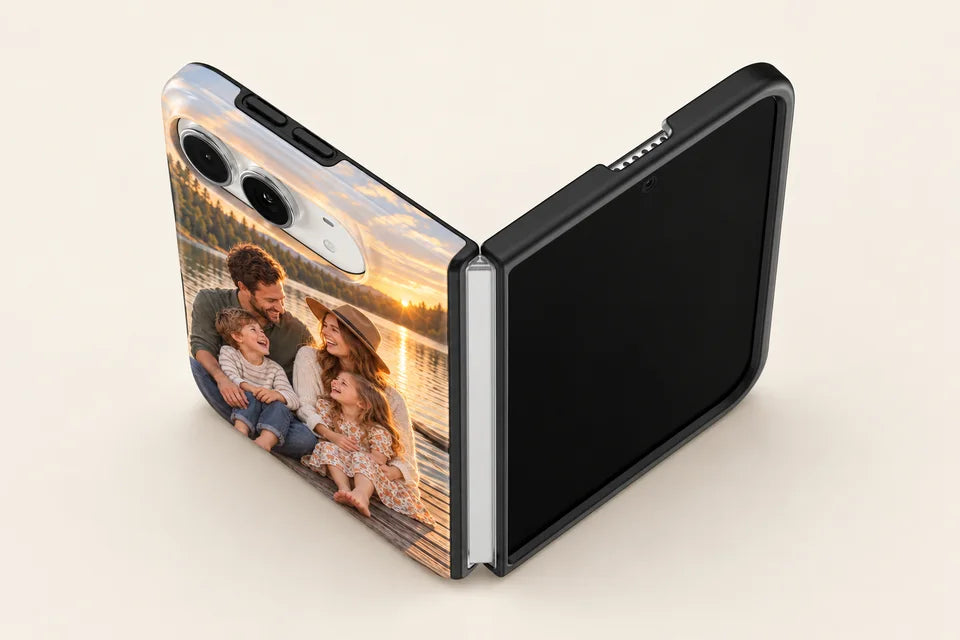 iPhone 18 Duo case seen from above the hinge, showing the raised black rubber bumper around the outer screen