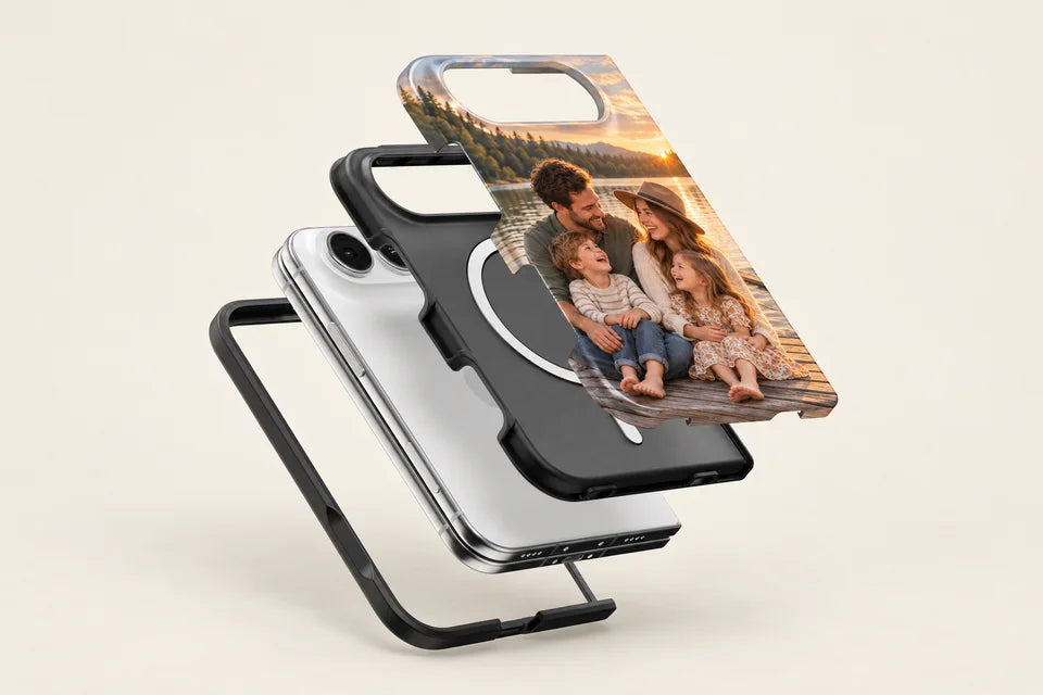 Exploded view of the iPhone 18 Duo case: printed hard shell, black liner with a magnet ring, the phone, and the front bumper frame