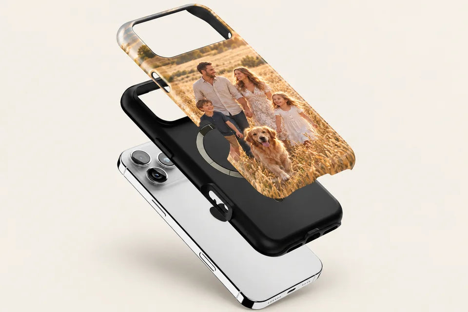 Exploded view of the Protective + MagSafe case: printed hard shell, black liner with a magnet ring, and the phone