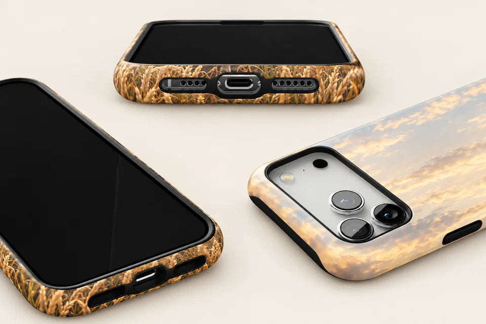 Close-ups of the Protective + MagSafe case showing the raised lip around the screen and the camera