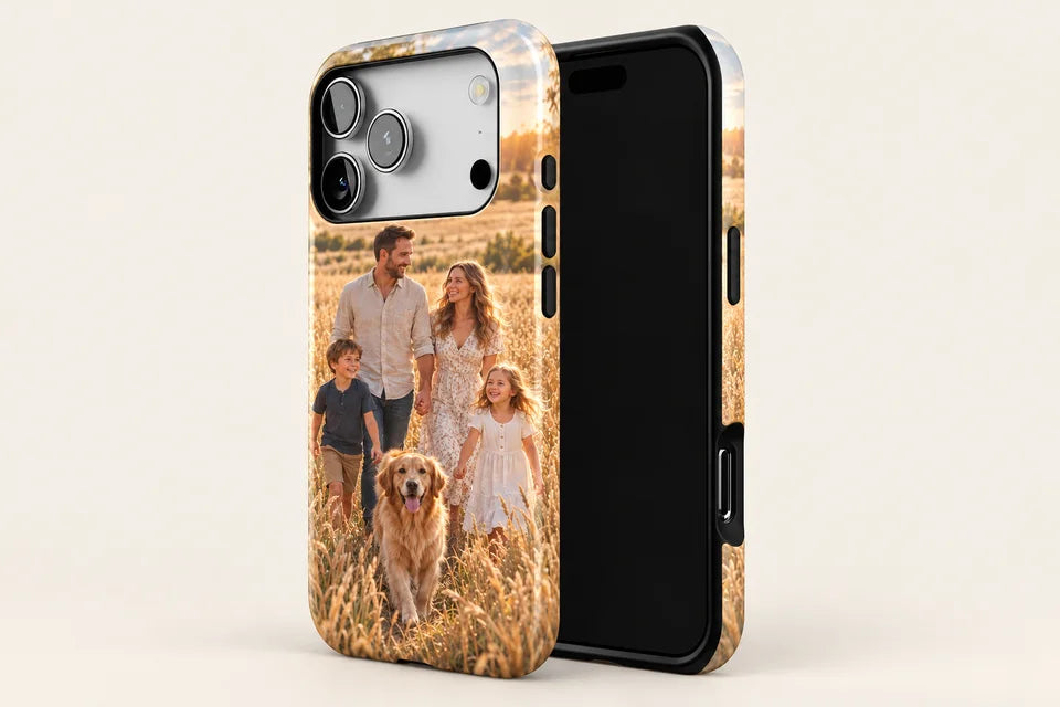 Protective + MagSafe case standing upright, back and front: the printed photo continues around the side edge