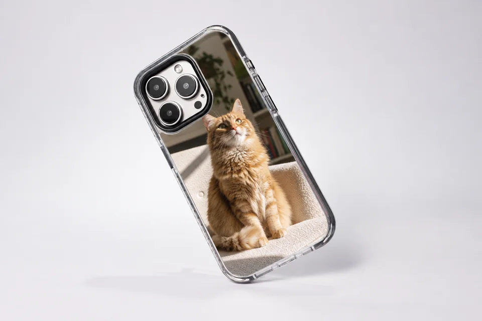 Ultimate + MagSafe case printed with a photo of a ginger cat, balanced on its corner, clear bumper around the print