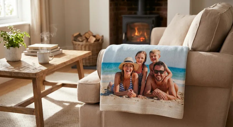 Custom photo blanket draped over a sofa by the fire