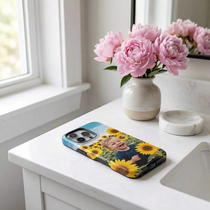 Custom photo phone case on a marble counter beside peonies