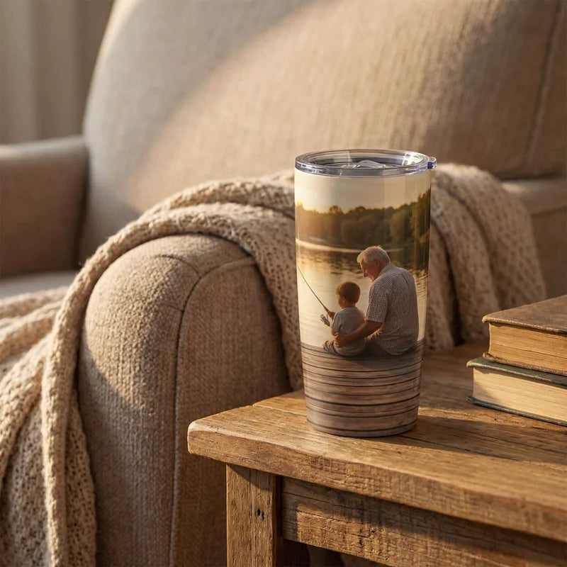 Custom photo tumbler on a wooden side table