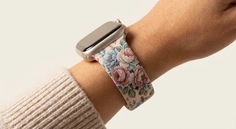 Custom printed Apple Watch band on a wrist