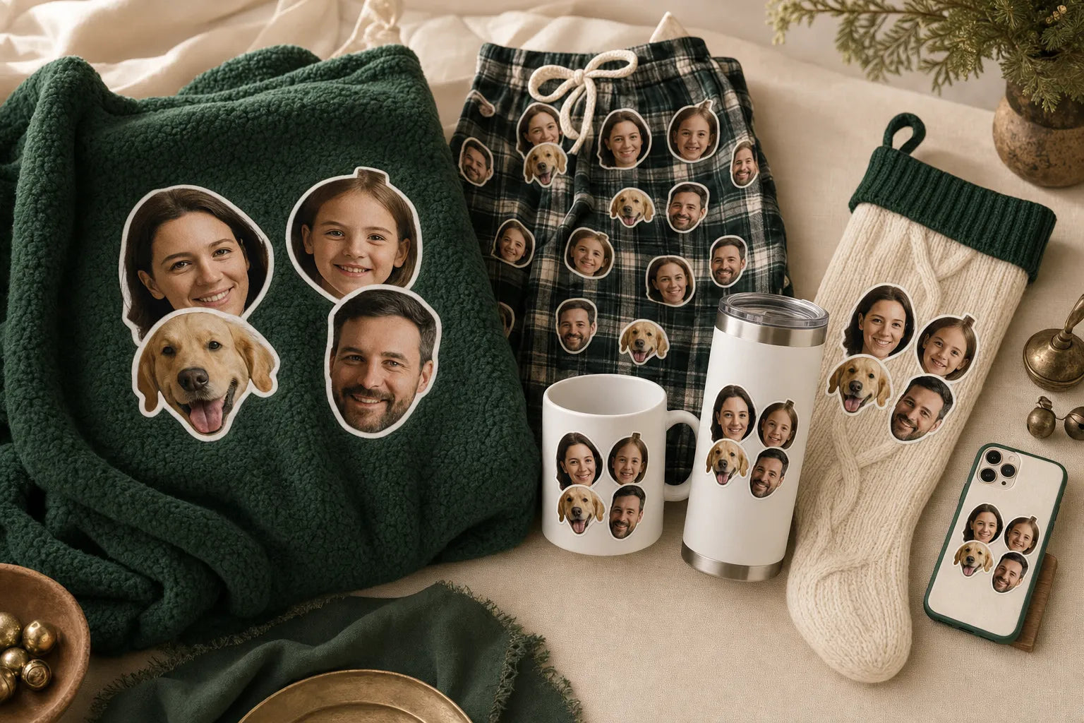 One family's faces as die-cut stickers on a sherpa blanket, pajama pants, a mug, a tumbler, a stocking and a phone case