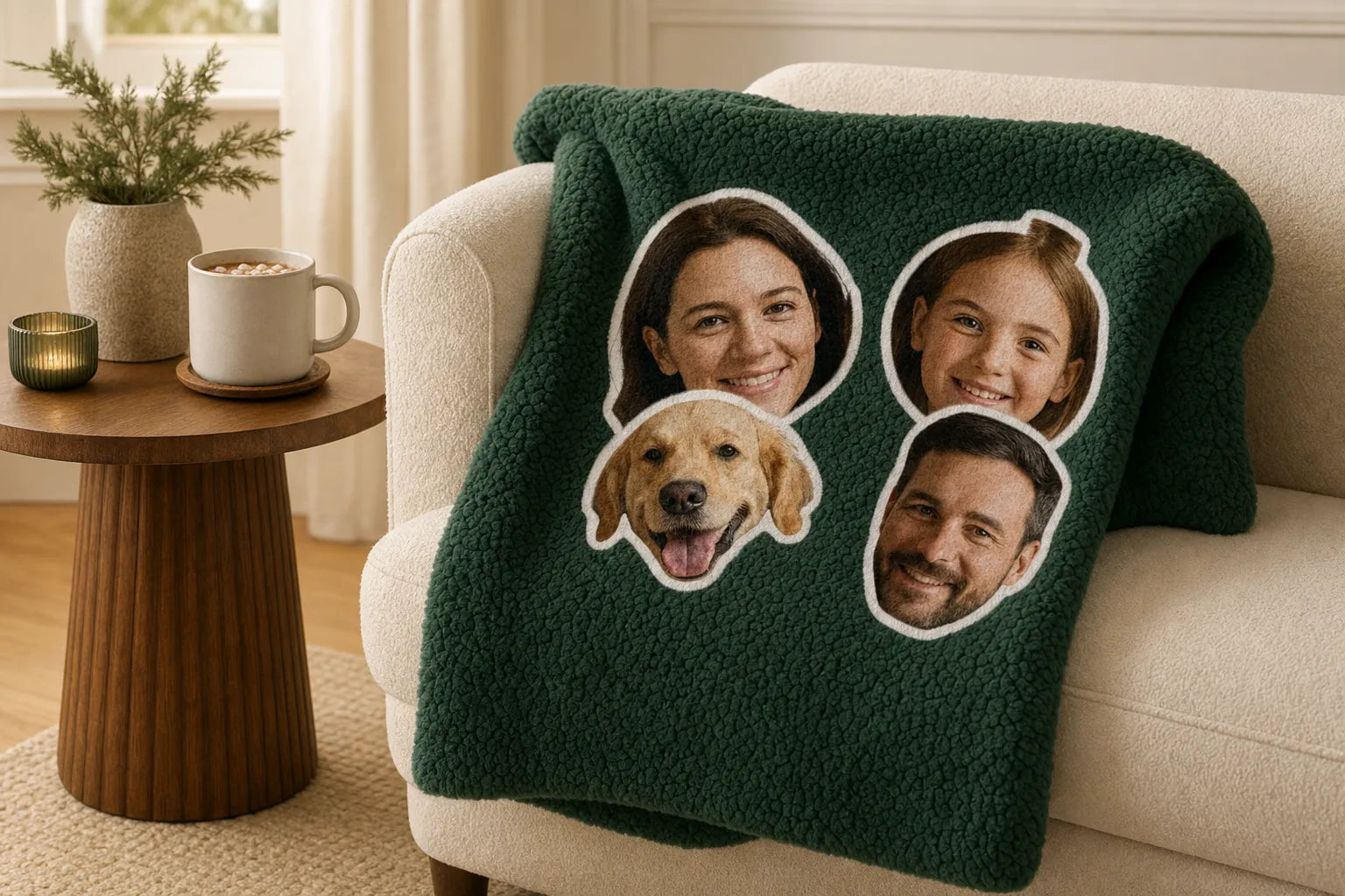 Sherpa blanket printed with a crew of die-cut face stickers