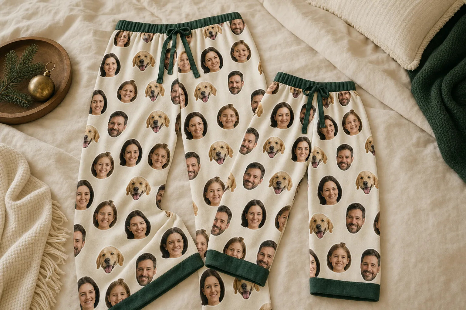 Pajama pants printed with a repeating pattern of die-cut face stickers
