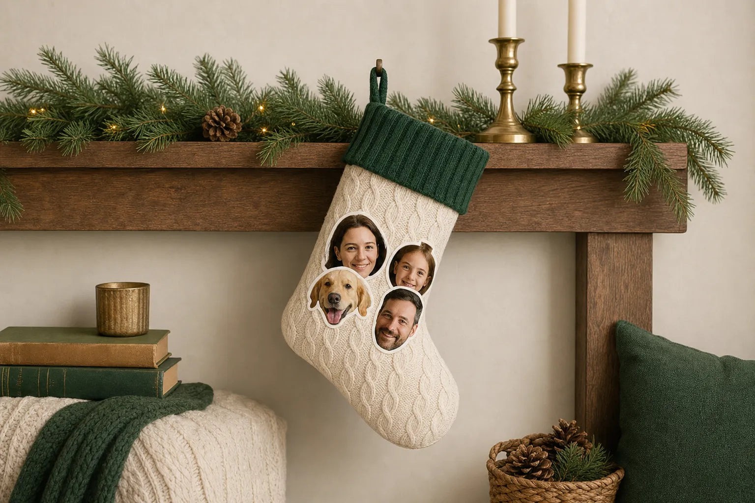 A Christmas stocking printed with a crew of die-cut face stickers