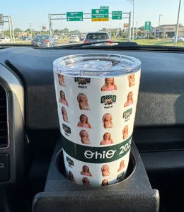 Custom photo tumbler on car dashboard during commute