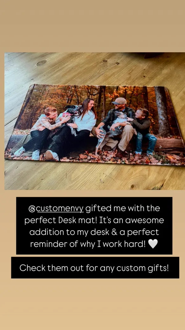 Family with dog autumn photo desk mat laid out on floor