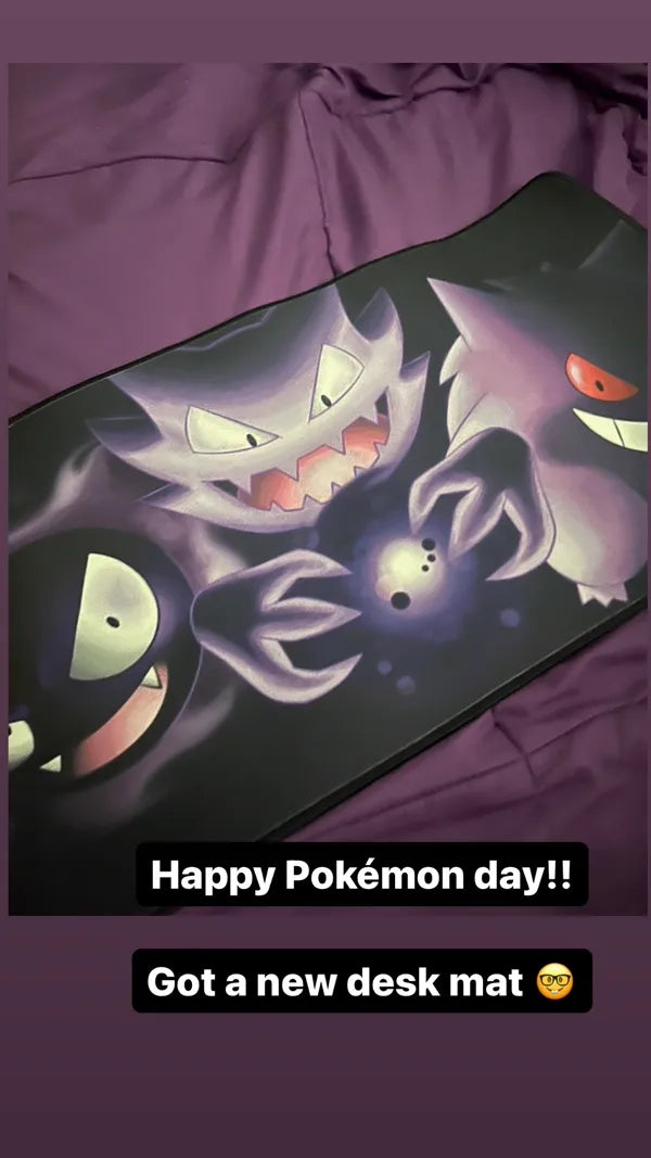 Custom gaming character art desk mat on purple bedding