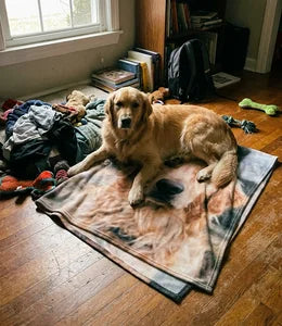 Personalized fleece blanket with pet photo on bed