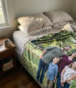 Custom sherpa blanket with couple photo in living room