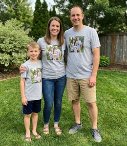 Family in matching custom photo t-shirts group photo