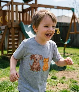 Kid in custom photo t-shirt playing in backyard