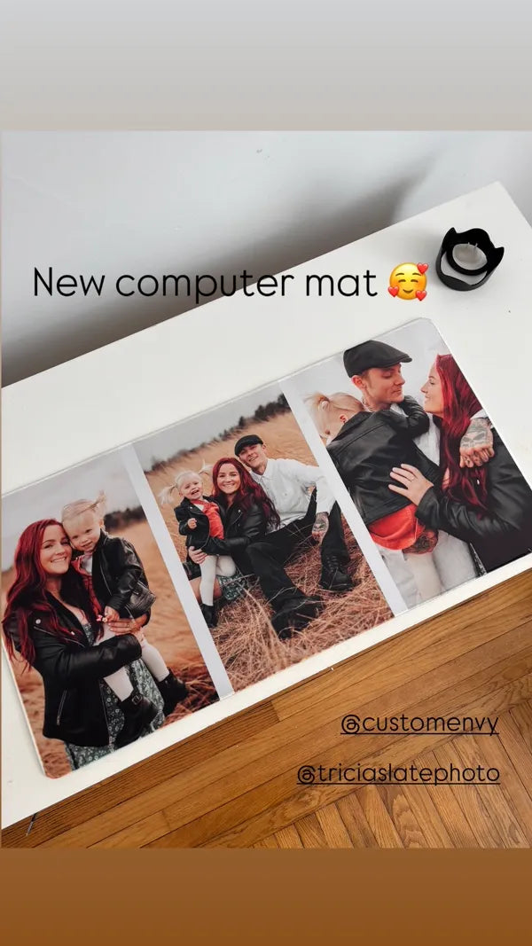 Family photo collage desk mat with three photos of couple and child