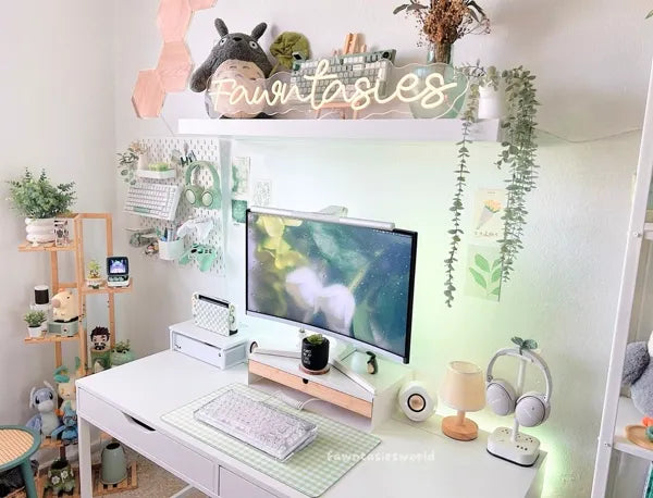Aesthetic green themed desk setup with checkered gingham desk mat